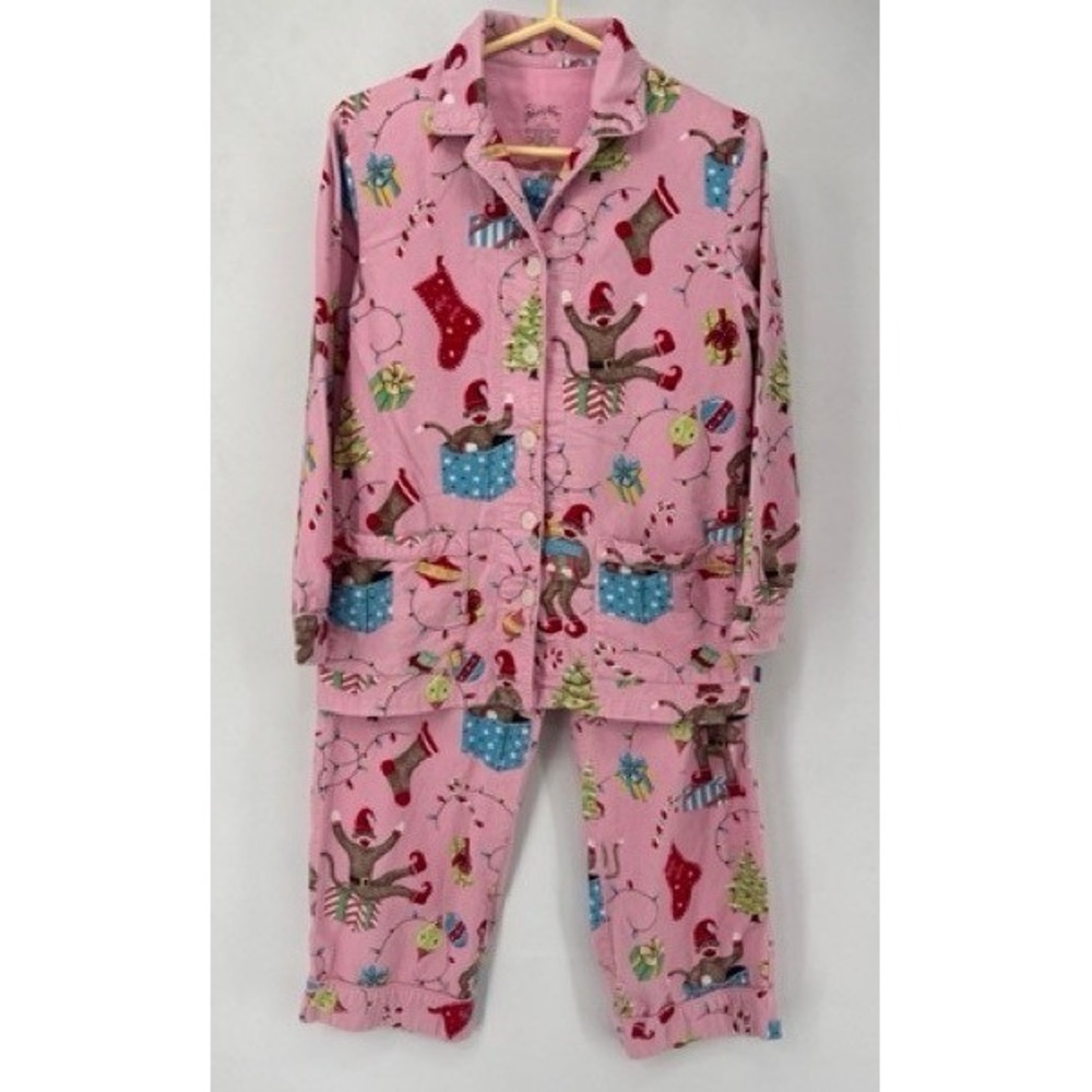 Nick & Nora Womens Pink Christmas Monkey Flannel Pajama Set Holiday Cozy